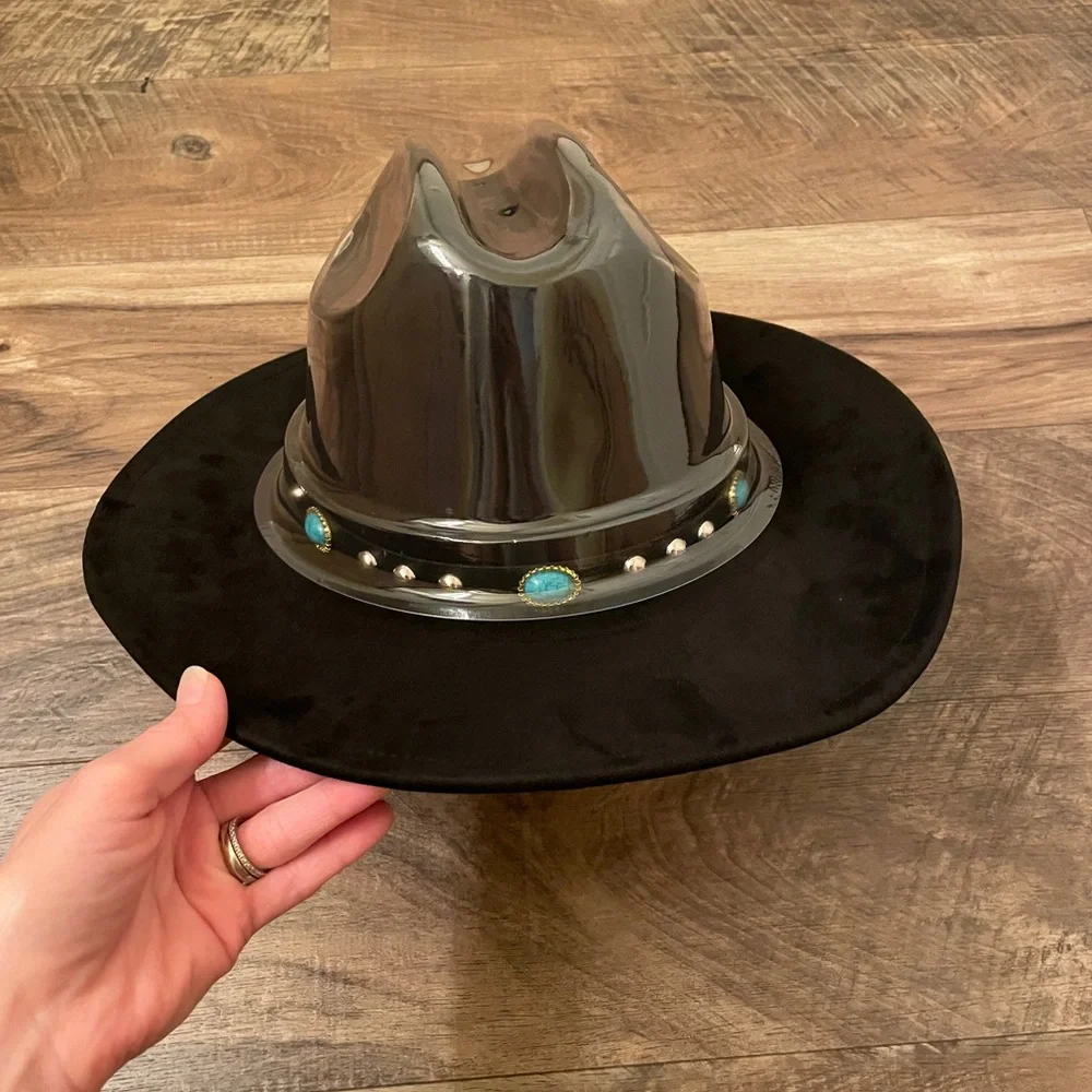Nickoler Suede Western Cowgirl Hat for Women Black with Turquoise Accent Size L